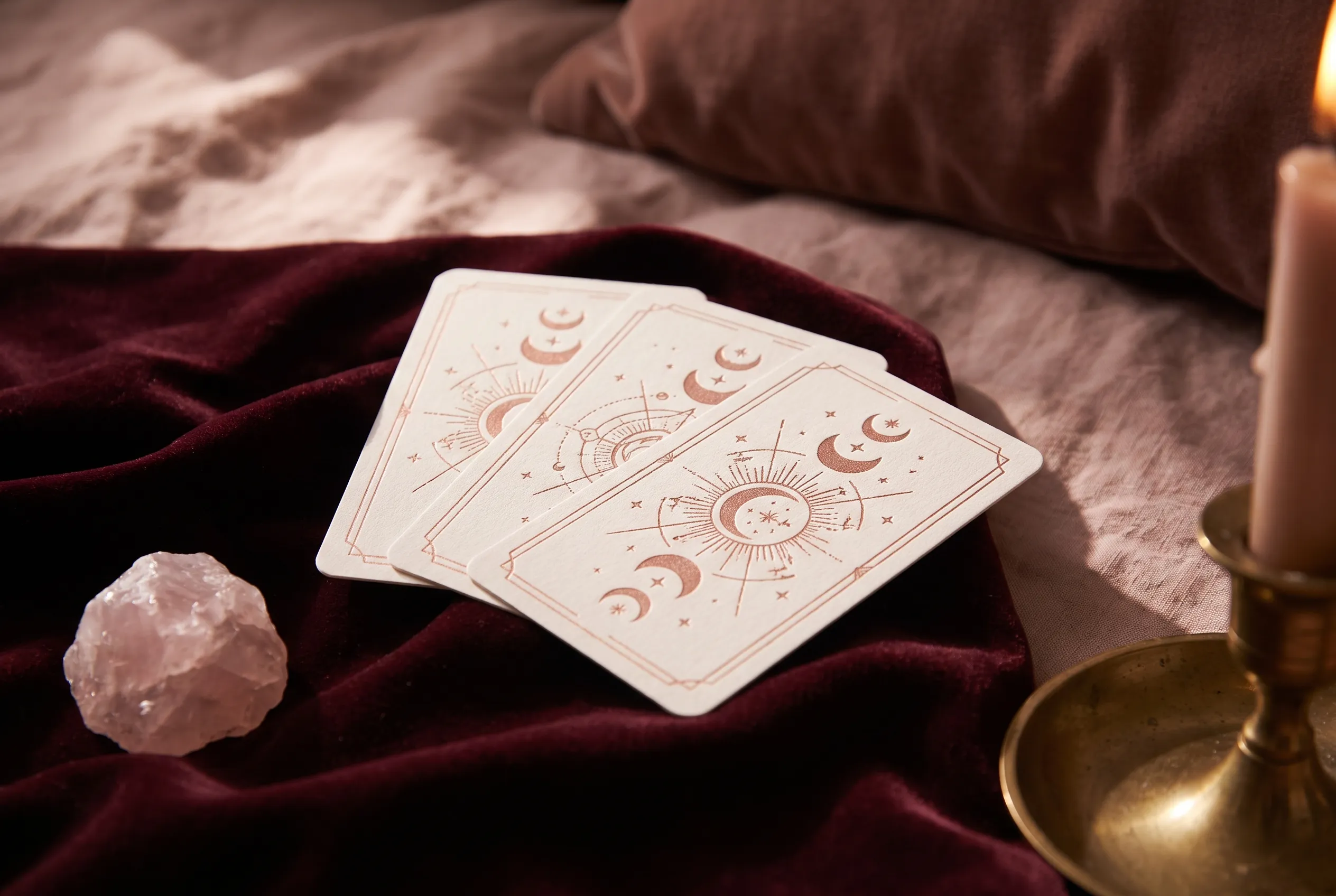 Illustratives Tarot-Stillleben mit roségoldenen Karten und Rosenquarz