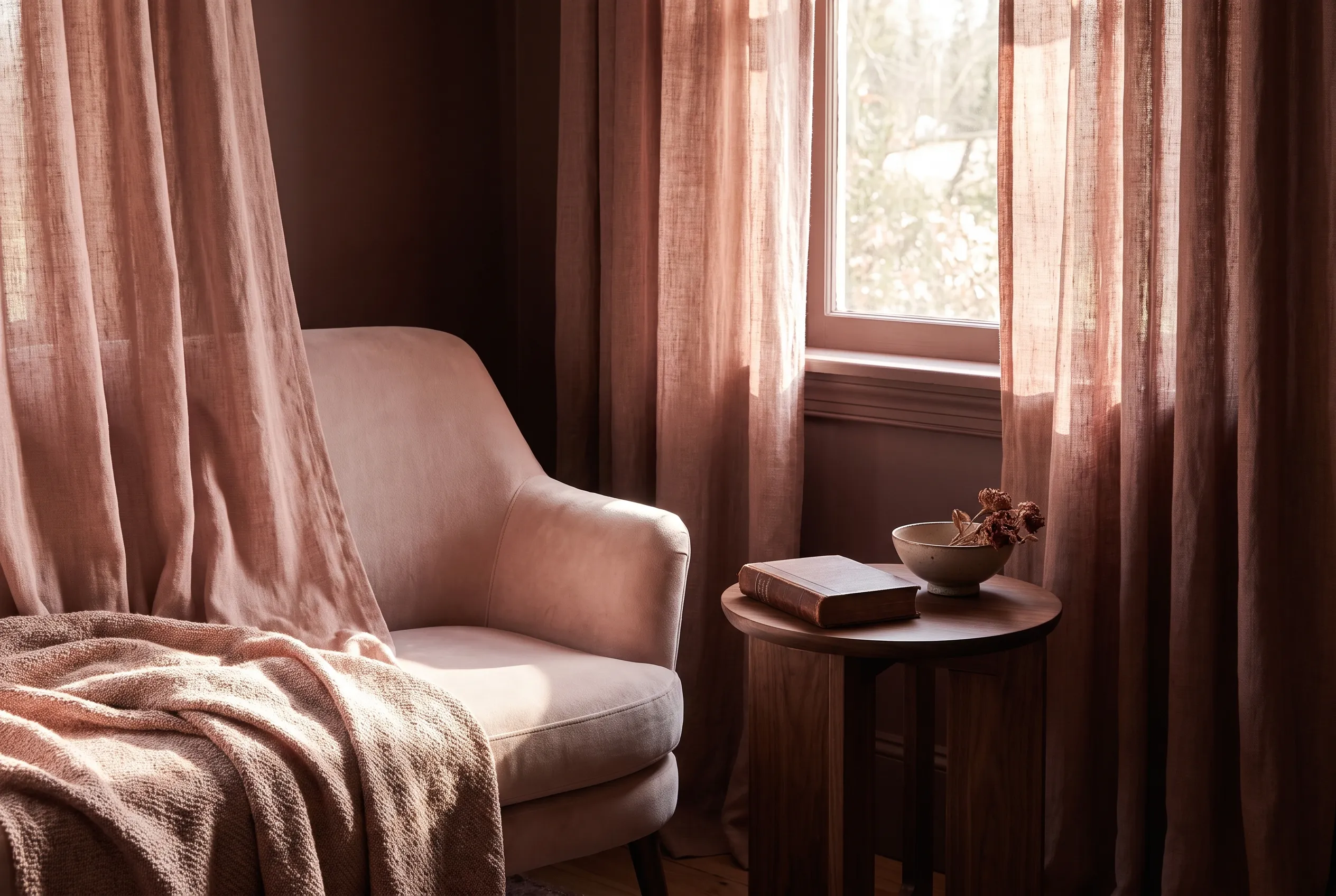 Illustrative ruhige Atmosphäre mit roséfarbenem Sessel und weichem Fensterlicht