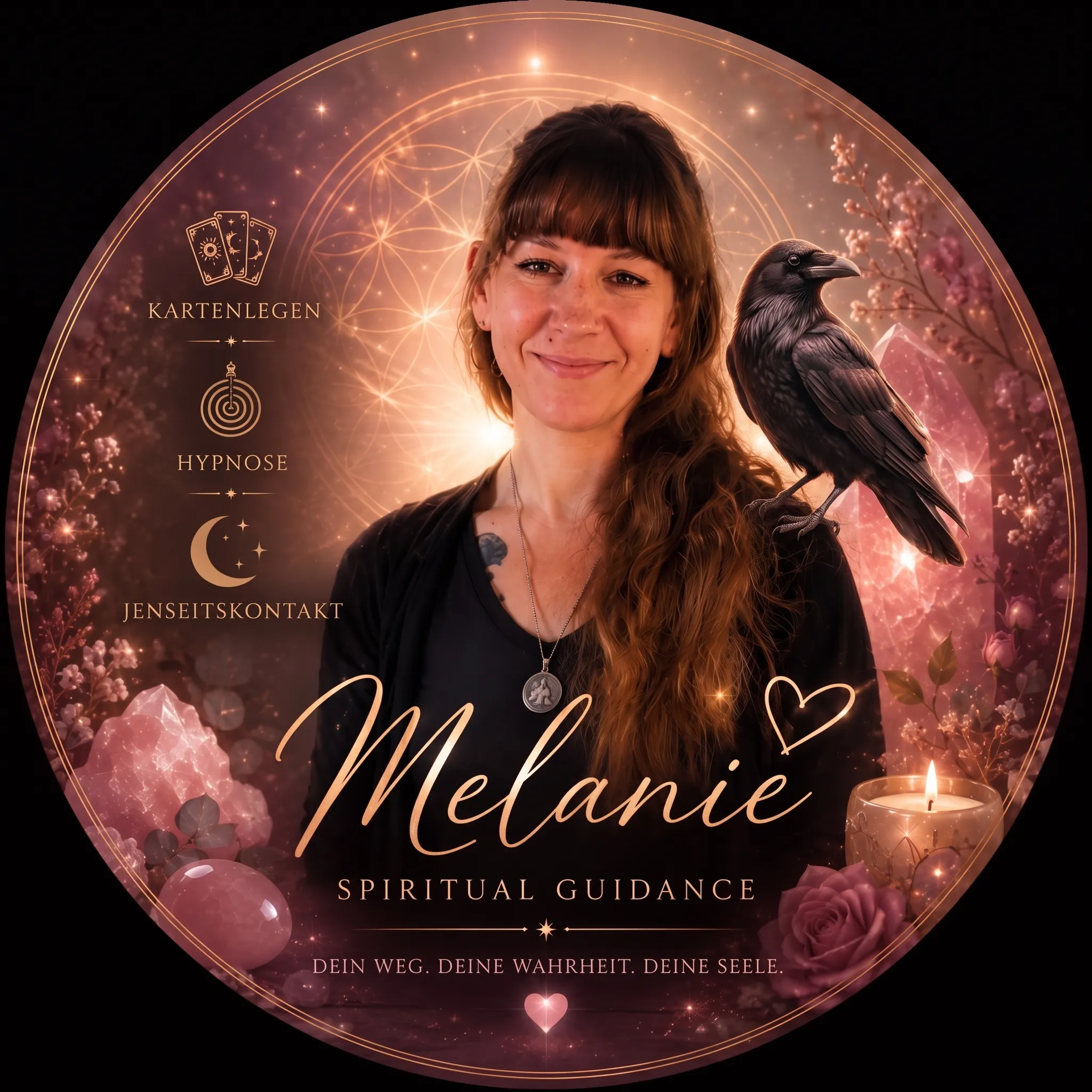 Melanie Lamm mit einem Raben auf ihrer Schulter, umgeben von roségoldenem Licht, Rosenquarz und Kerzen